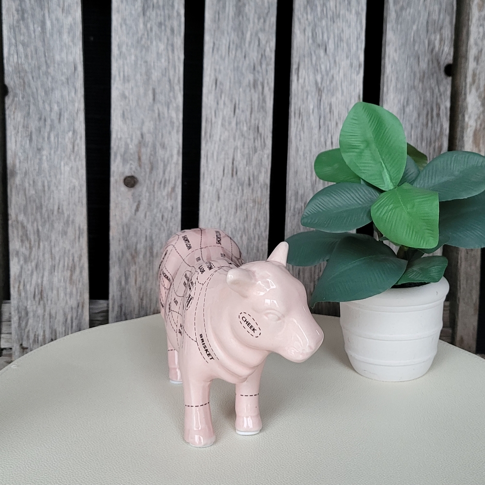 Beef Butcher Whimsical Pink Ceramic Cow Sculpture Outlined Cuts Chart - Picture 4 of 7